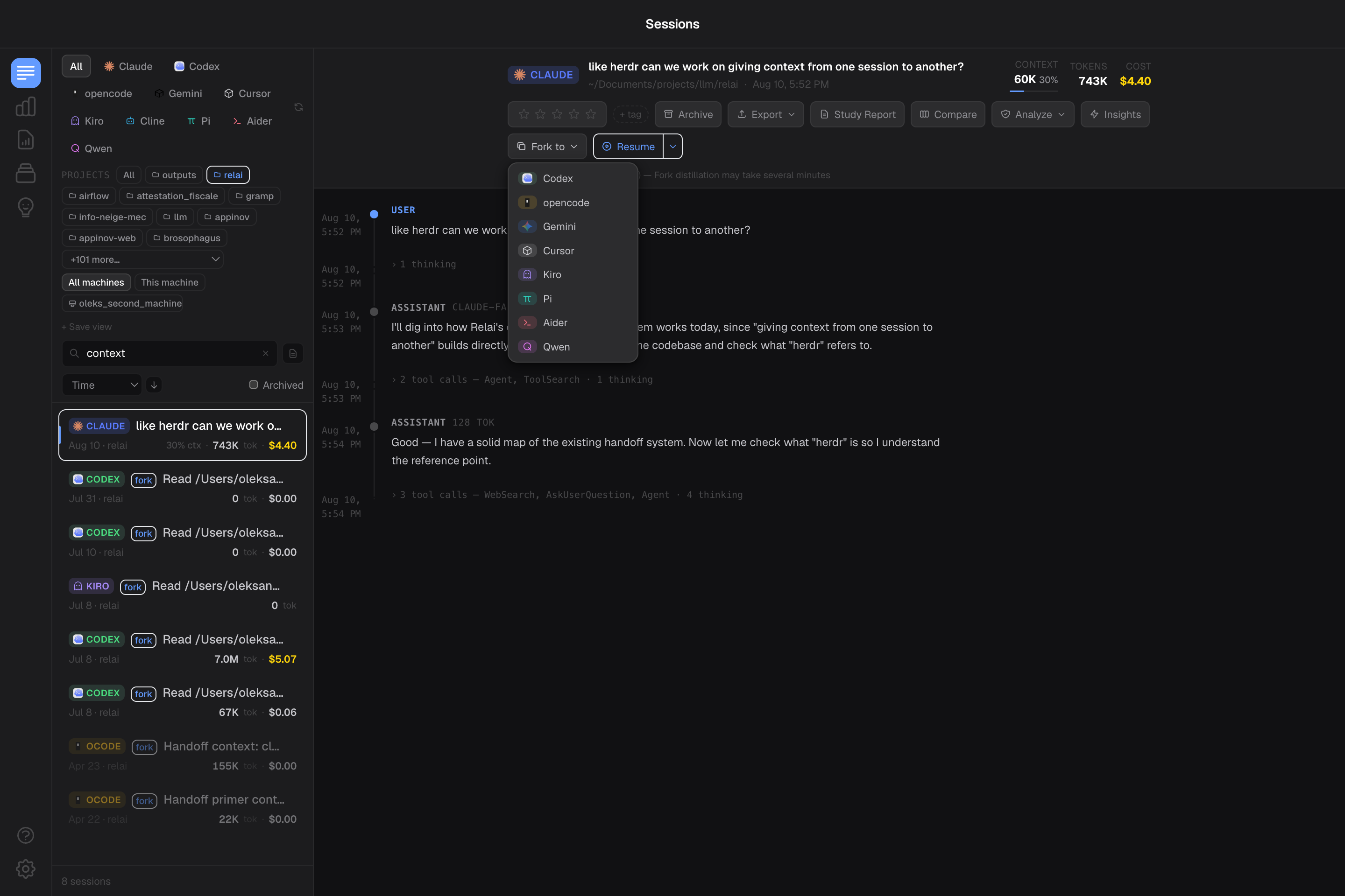 The Fork to menu in Relai, offering Codex, opencode, Gemini, Cursor, Kiro, Pi, Aider, and Qwen for a Claude session